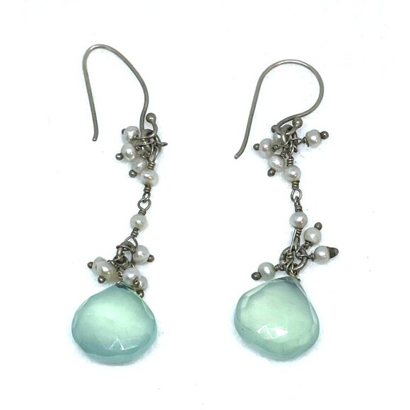 925 Sterling Silver Teardrop Chalcedony Pearls Beaded Dangle Drop Earrings - Picture 1 of 4